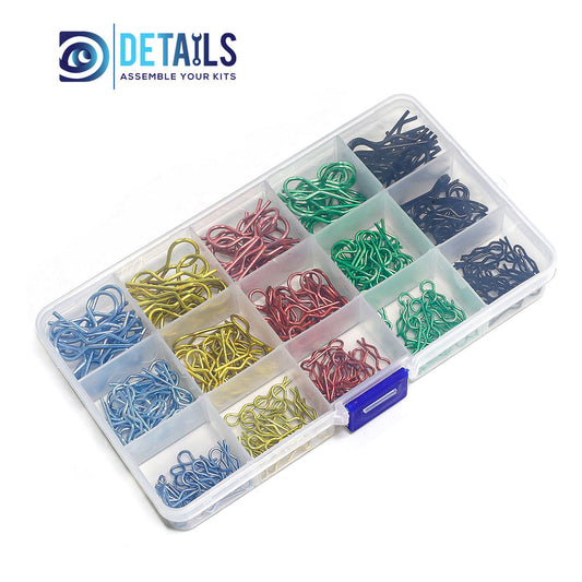 Hobby Details 260 pcs  Metal RC Body Shell R Shape Clips Pin RC Car DIY Accessory for 1/10 1/12 RC Car Size: 100*173*23mm Gold: 52 Red: 52 Black: 52 Blue: 52 Green: 52