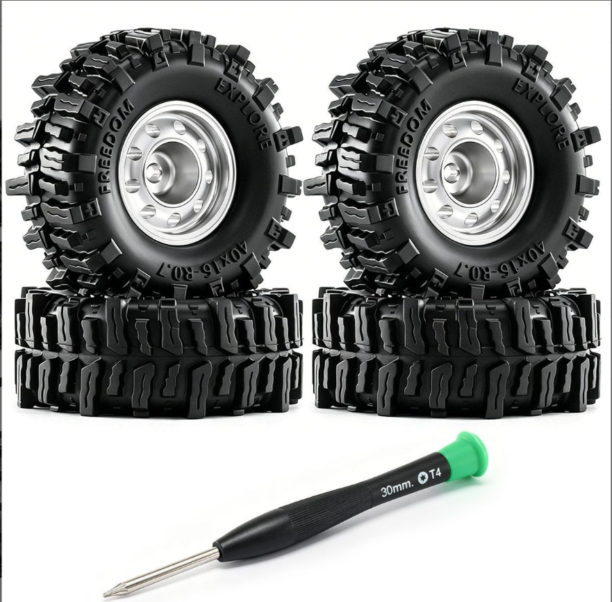 Aluminum 0.7" Beadlock Wheels with Worded Wheel, 11×21 mm with 15×40 mm Tires for SCX30 Cars