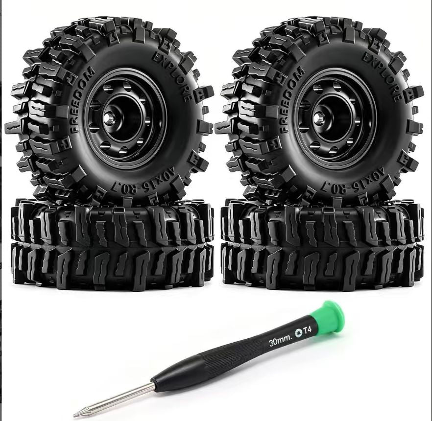 Aluminum 0.7" Beadlock Wheels with Worded Wheel, 11×21 mm with 15×40 mm Tires for SCX30 Cars