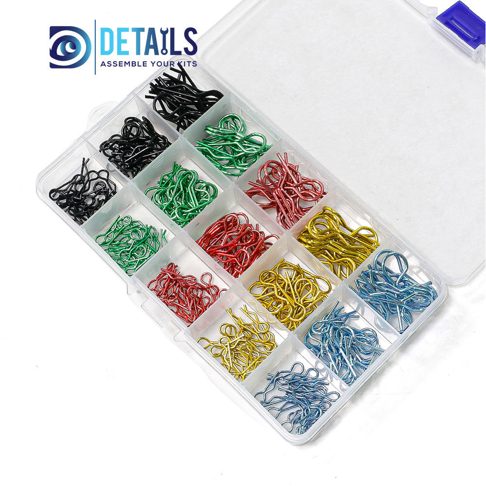 Hobby Details 260 pcs  Metal RC Body Shell R Shape Clips Pin RC Car DIY Accessory for 1/10 1/12 RC Car Size: 100*173*23mm Gold: 52 Red: 52 Black: 52 Blue: 52 Green: 52