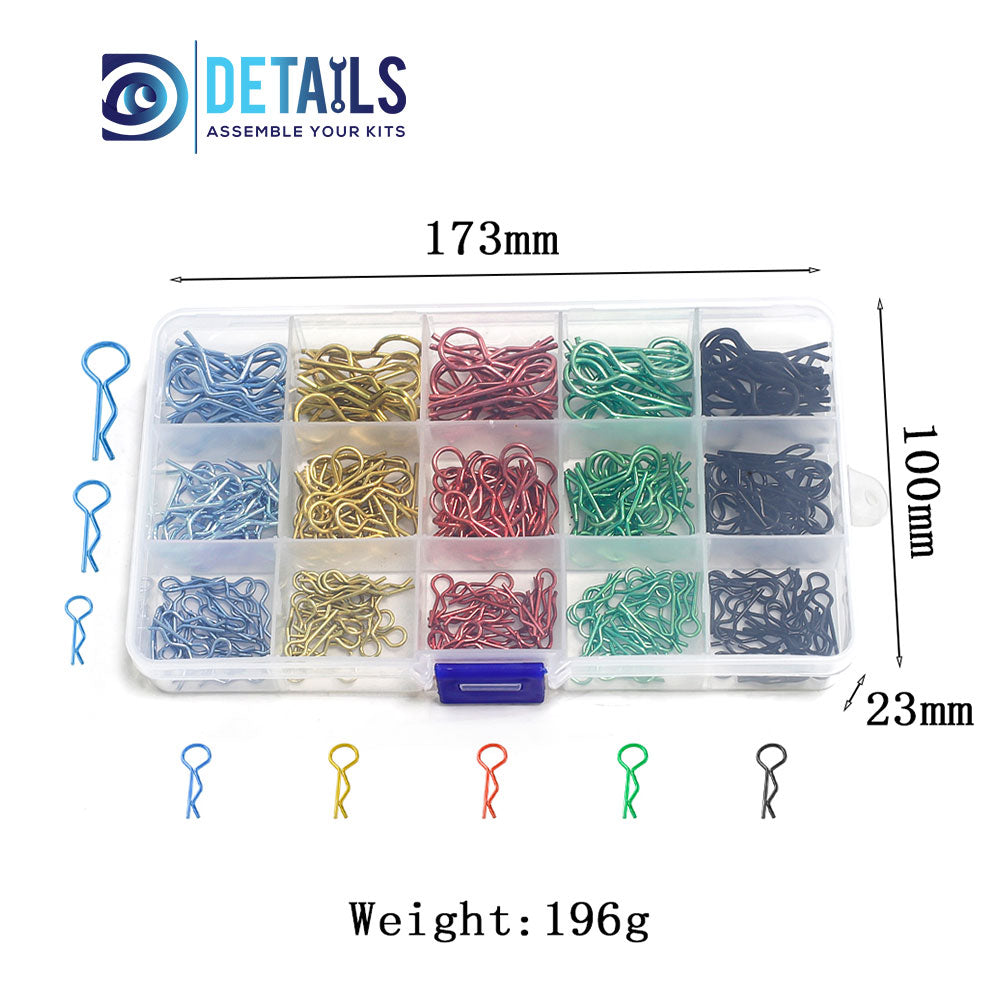 Hobby Details 260 pcs  Metal RC Body Shell R Shape Clips Pin RC Car DIY Accessory for 1/10 1/12 RC Car Size: 100*173*23mm Gold: 52 Red: 52 Black: 52 Blue: 52 Green: 52