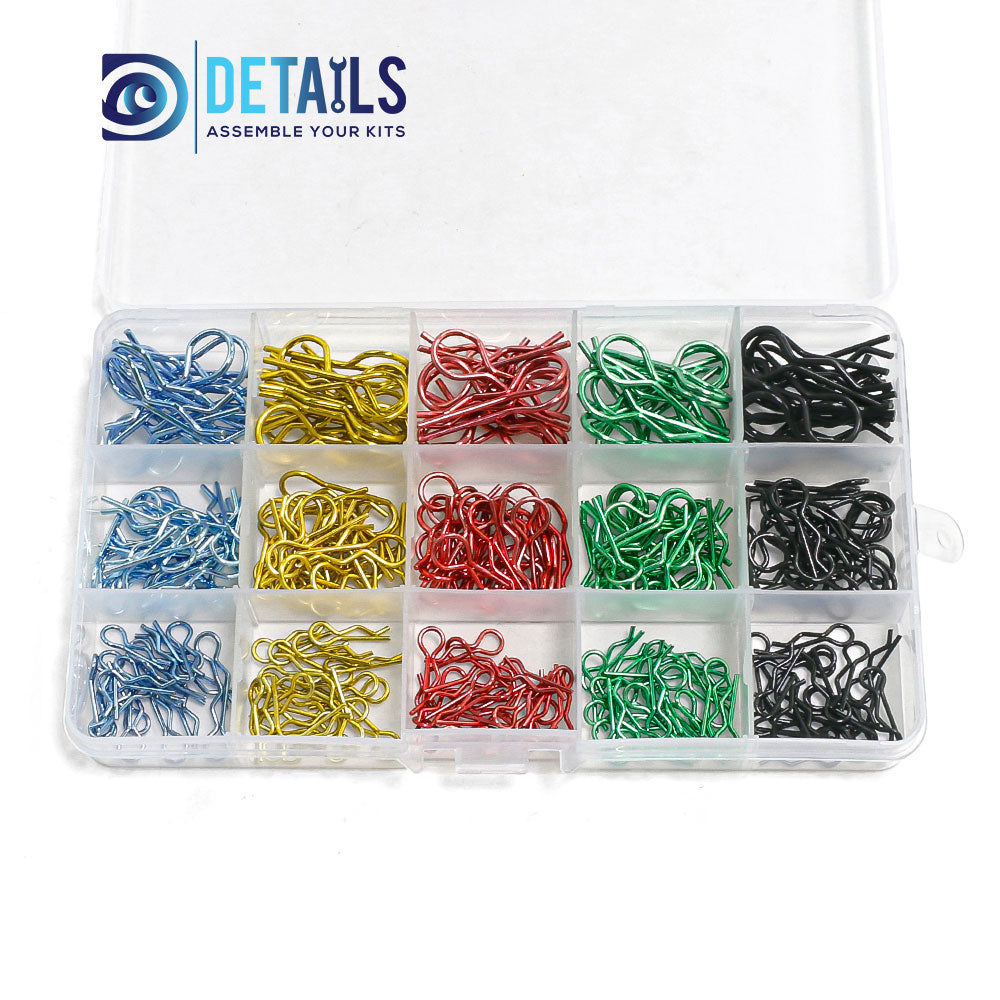 Hobby Details 260 pcs  Metal RC Body Shell R Shape Clips Pin RC Car DIY Accessory for 1/10 1/12 RC Car Size: 100*173*23mm Gold: 52 Red: 52 Black: 52 Blue: 52 Green: 52