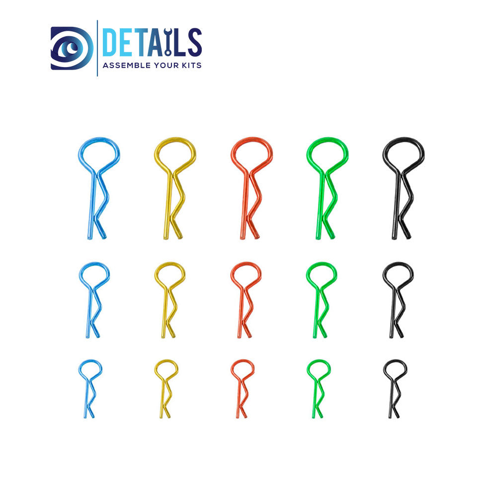 Hobby Details 260 pcs  Metal RC Body Shell R Shape Clips Pin RC Car DIY Accessory for 1/10 1/12 RC Car Size: 100*173*23mm Gold: 52 Red: 52 Black: 52 Blue: 52 Green: 52