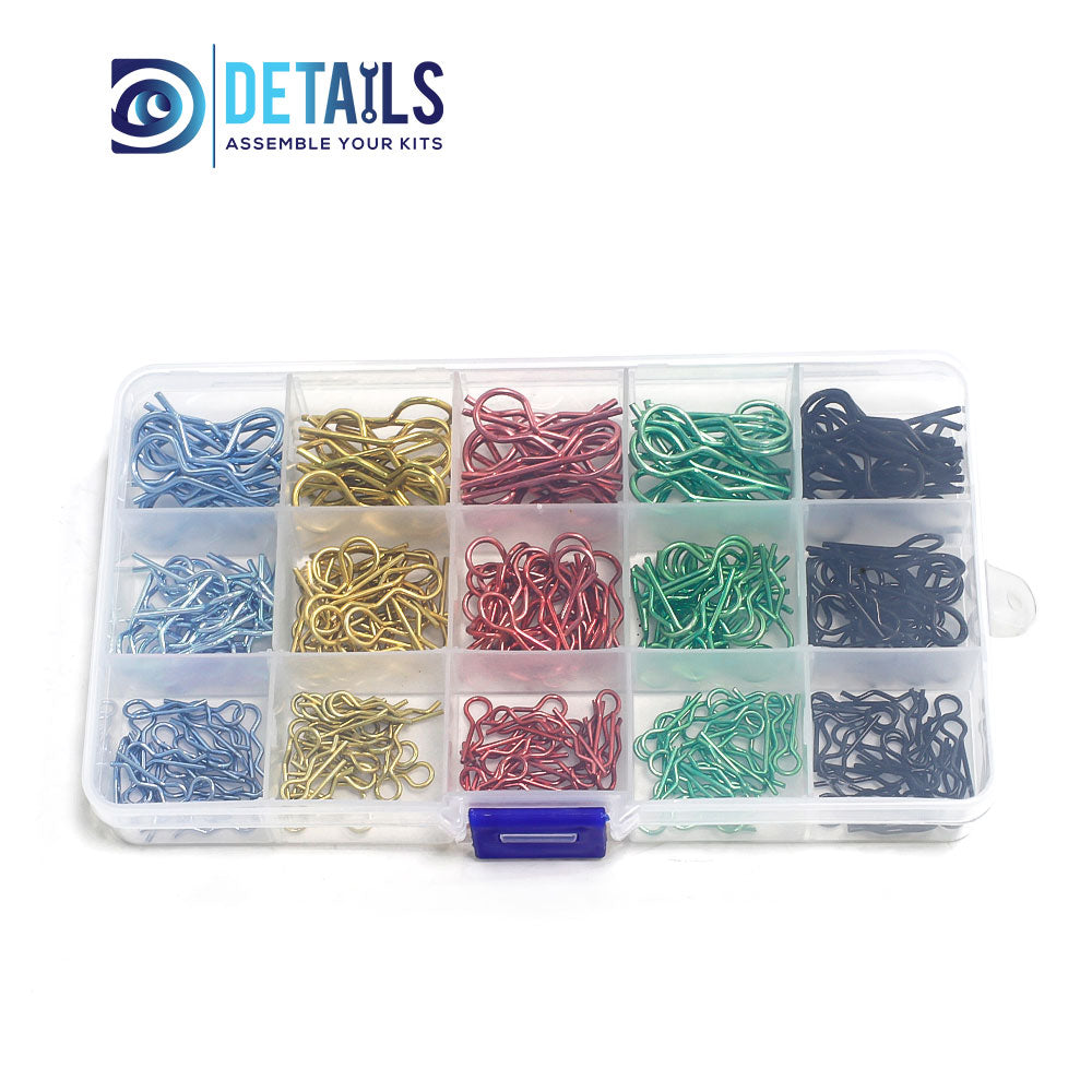 Hobby Details 260 pcs  Metal RC Body Shell R Shape Clips Pin RC Car DIY Accessory for 1/10 1/12 RC Car Size: 100*173*23mm Gold: 52 Red: 52 Black: 52 Blue: 52 Green: 52