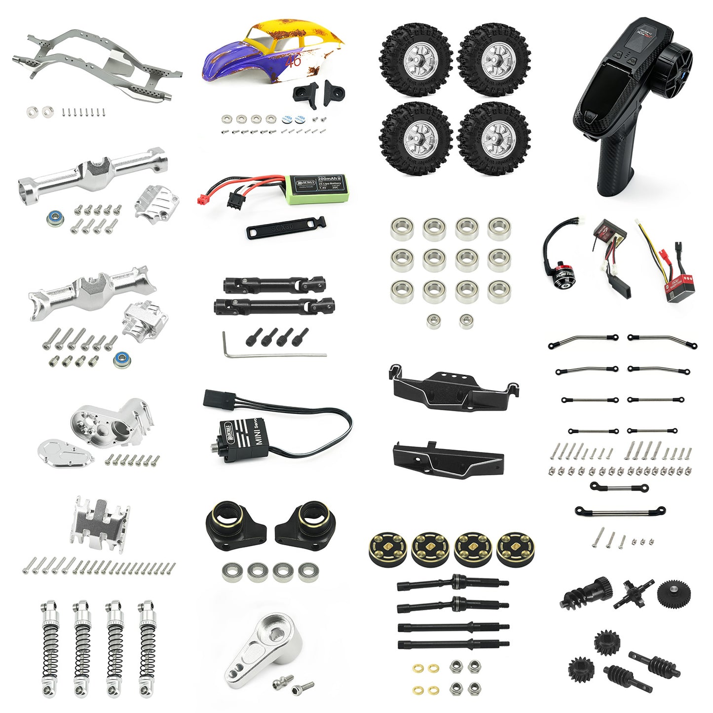 HobbyDetails SCX30 Full Aluminum Metal Kit RTR Metal Chassis + Furitek Motor ESC Transmitter Receiver + Servo + Battery + Body(By random)