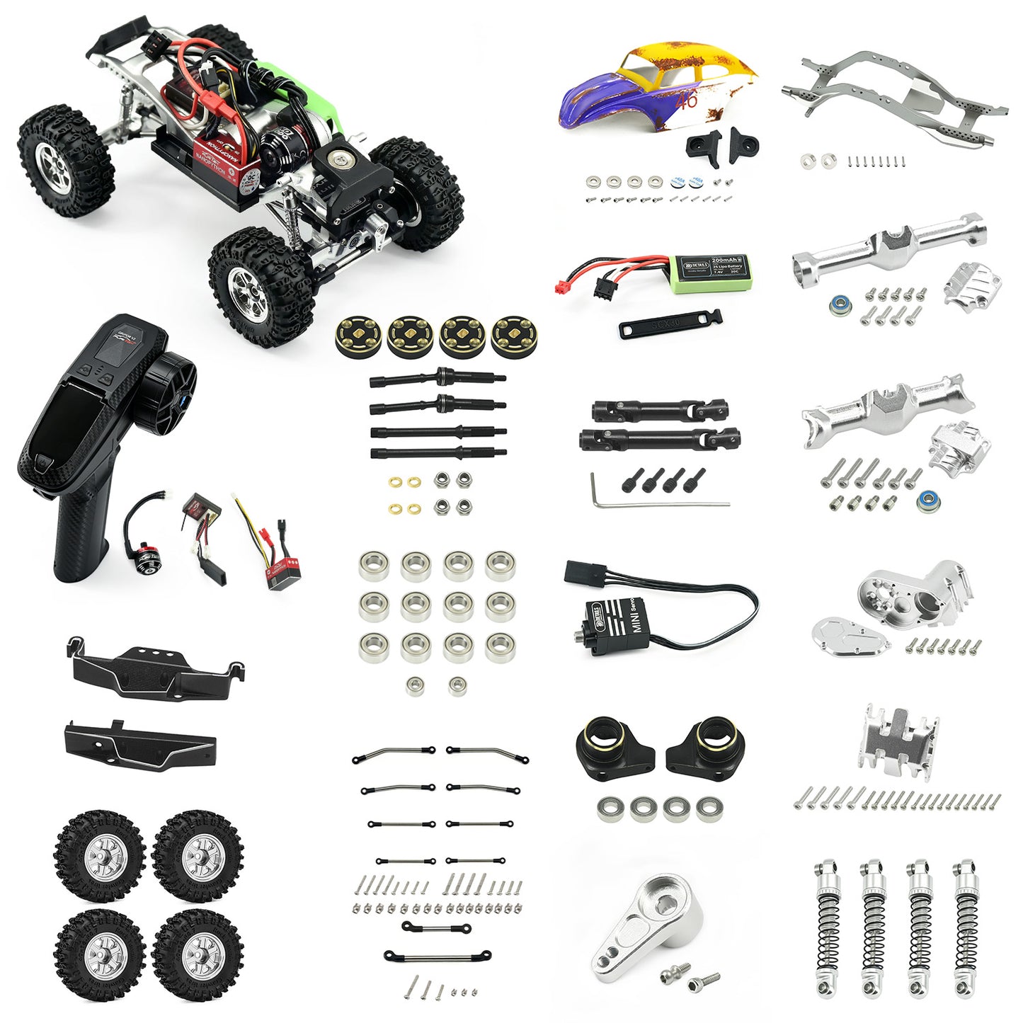 HobbyDetails SCX30 Full Aluminum Metal Kit RTR Metal Chassis + Furitek Motor ESC Transmitter Receiver + Servo + Battery + Body(By random)