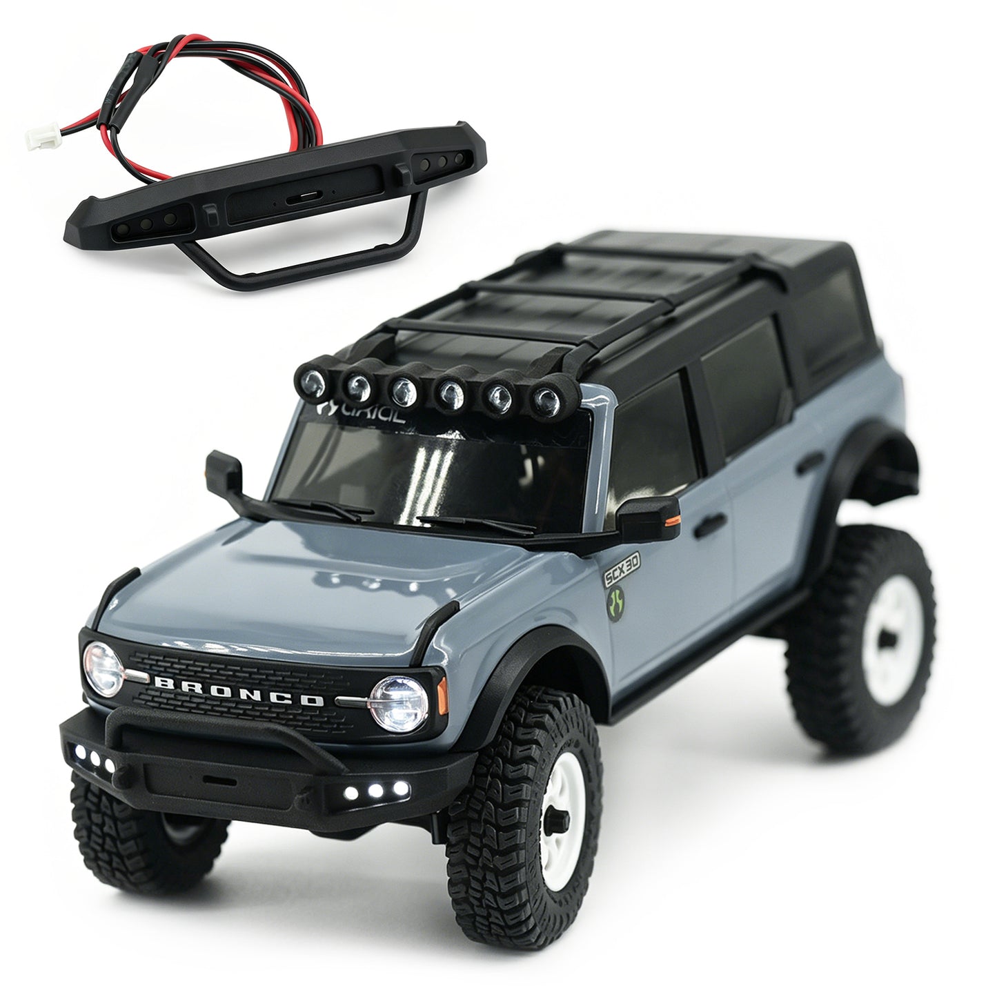 Hobby Details SCX30 Bronco Round Light Bar, Straight Light Bar, Angel Eye Light, LED Bumper Light, Front Bumper with LED Light Bar, Rock Lights Bar