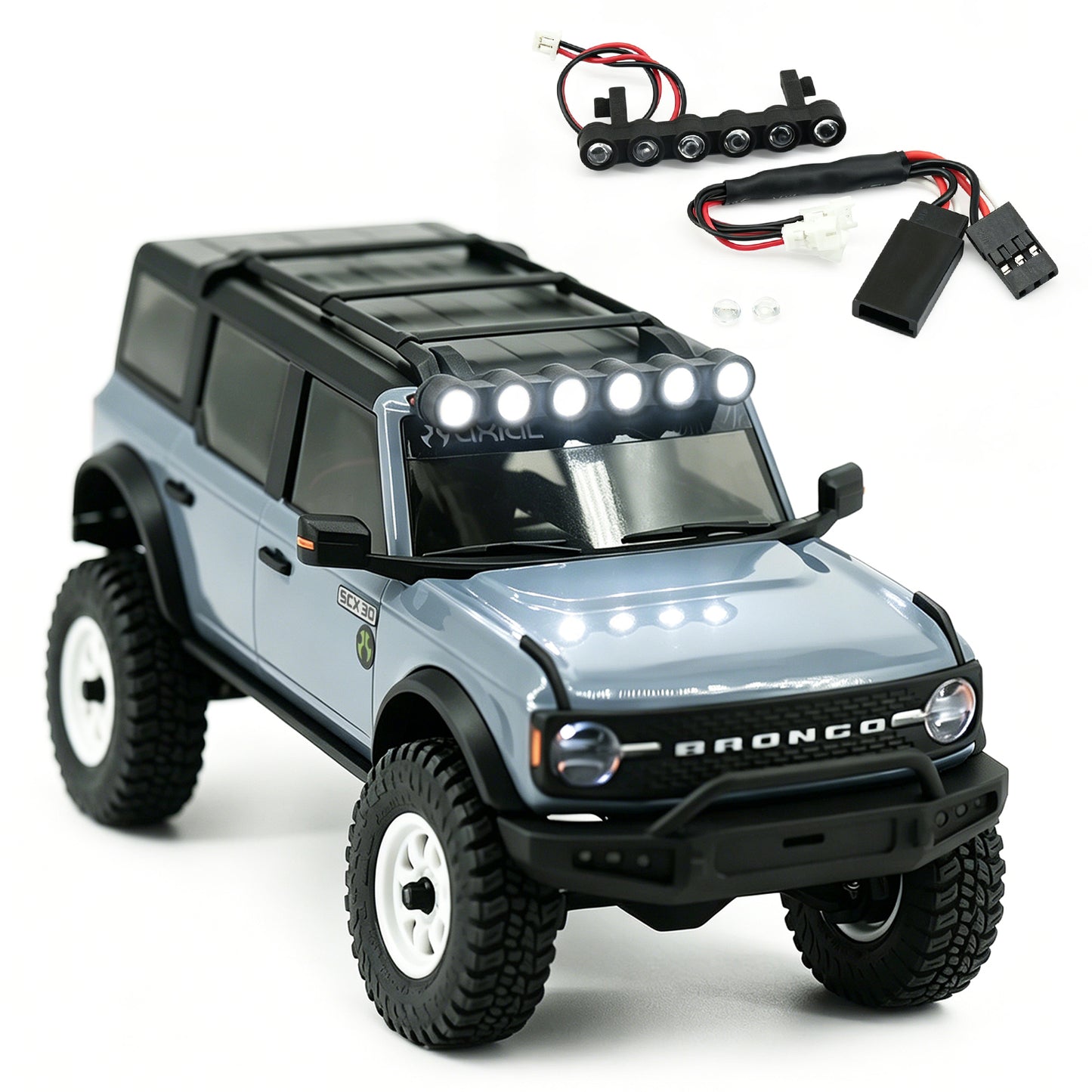 Hobby Details SCX30 Bronco Round Light Bar, Straight Light Bar, Angel Eye Light, LED Bumper Light, Front Bumper with LED Light Bar, Rock Lights Bar